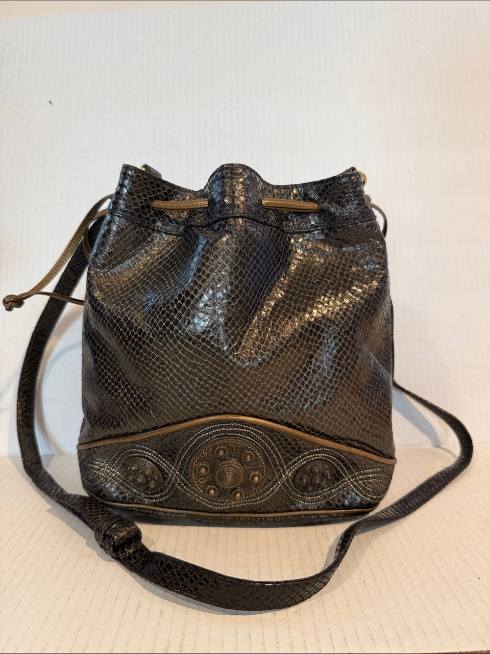 Sharif Black & Bronze Textured Drawstring Vintage Bucket Crossbody Bag